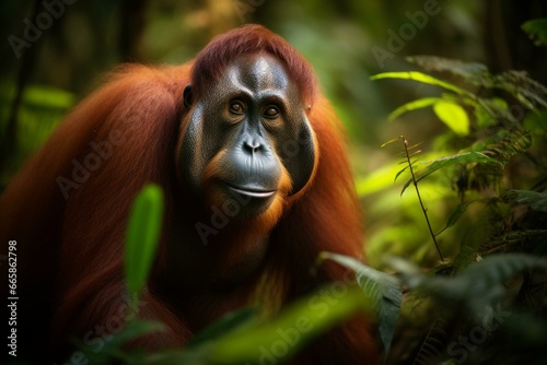 A charming orangutan gliding through lush rainforest foliage. Generative AI