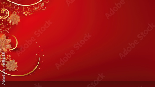 Illustrated gold ornaments on red background with empty space