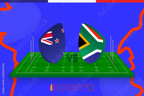 Rugby team New Zealand vs South Africa on rugby field. Rugby stadium on abstract background for Final of international championship.