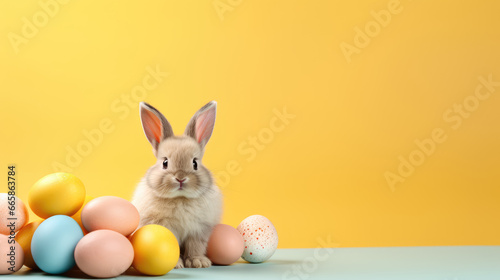 Cute Easter bunny and Easter eggs on yellow background © Petrova-Apostolova