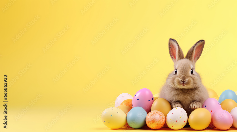 Fototapeta premium Cute Easter bunny and Easter eggs on yellow background