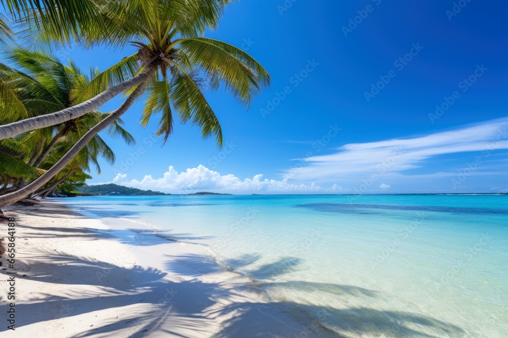 A peaceful beach with palm trees and clear blue waters evoking relaxation.