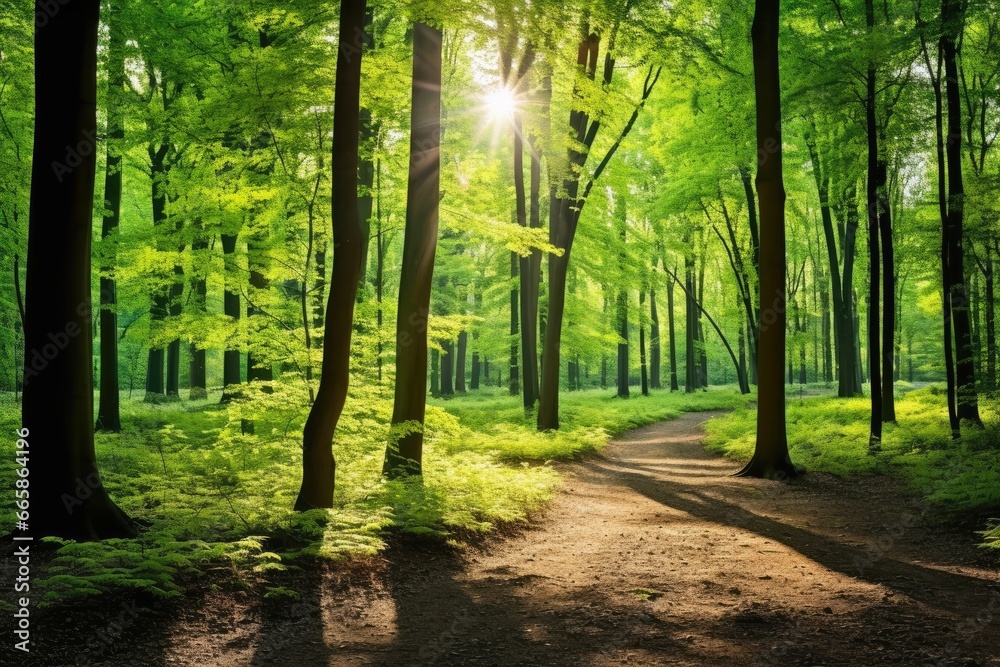 Obraz premium A serene forest scene with sunlight filtering through trees conveying tranquility.