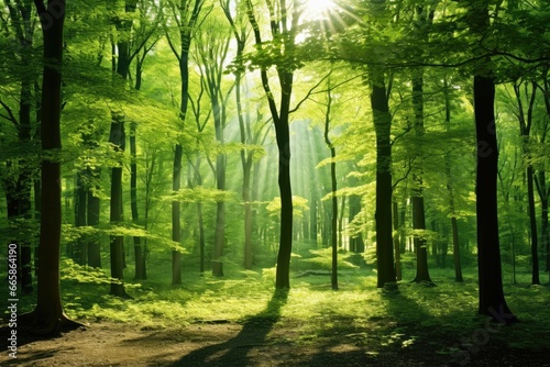 A serene forest scene with sunlight filtering through trees conveying tranquility.