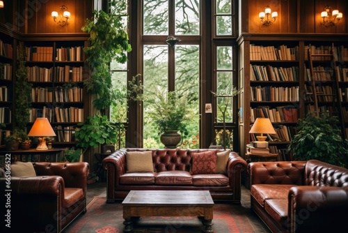 A serene library with readers immersed in books in a peaceful setting. © Michael