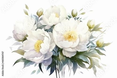 White peonies watercolor illustration with isolated flowers, transparent background. Graphic bouquet for cards. Generative AI