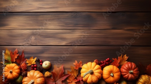 Thanksgiving or autumn scene with pumpkins  autumn leaves and berries on wooden table. Autumn background with copy space. Banner