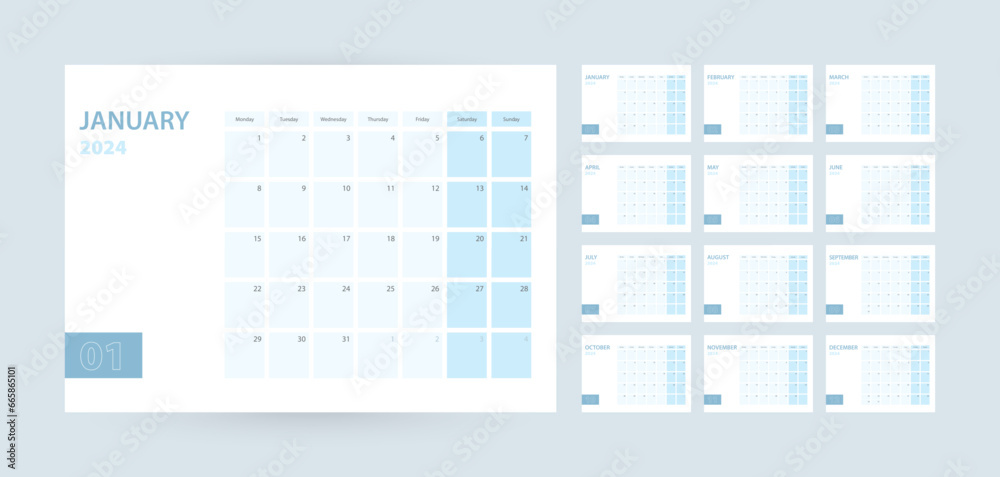 Monthly calendar template for the year 2024, the week starts on Monday. The calendar is in a blue color scheme. Monthly calendar template for the year 2024, the week starts on Monday. The calendar is in a blue color scheme.