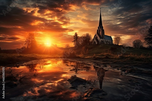 Sunset over the church spiritual inspiration photo