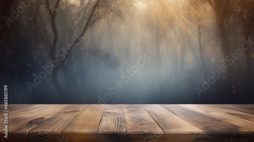 Empty wooden table top at misty mysterious forest background. Copy space