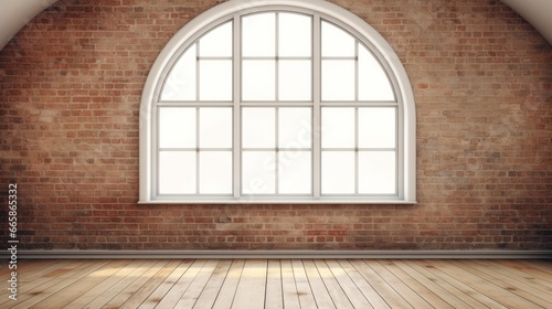 Empty room with arched window and shiplap flooring. Brick wall in loft interior mockup. Studio or office blank space