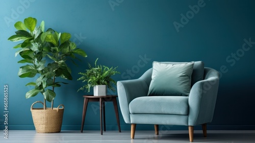 Green armchair against blue wall with silver painting in living room interior with plants photo