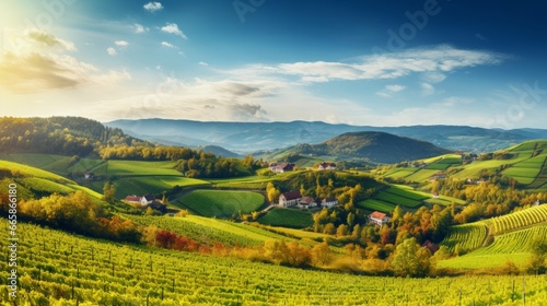 Splendid vineyards landscape in South Styria near Gamlitz. Autumn scene of grape hills in popular travell destination Eckberg. Location- Gamlitz, district of Leibnitz in Styria, Austria. Europe