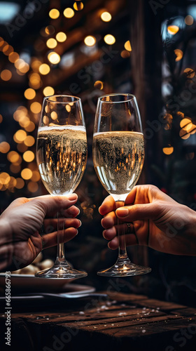 Close up of two hands raising glass of champagne indoors, bokeh background. New Year's Eve, celebration, toast concept. Generative AI.