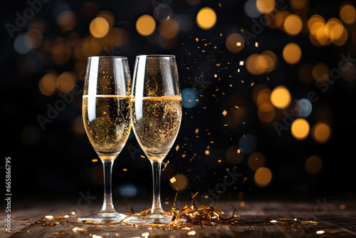 Two glasses with champagne on a wooden table, falling confetti, bokeh background. Celebration, new year's toast concept. Generative AI.