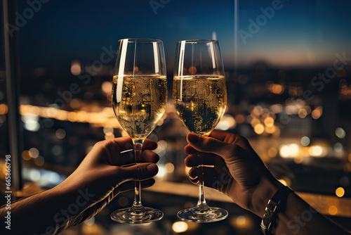 Close up of two hands raising glass of champagne indoors, city view background. New Year's Eve, celebration, toast concept. Generative AI.