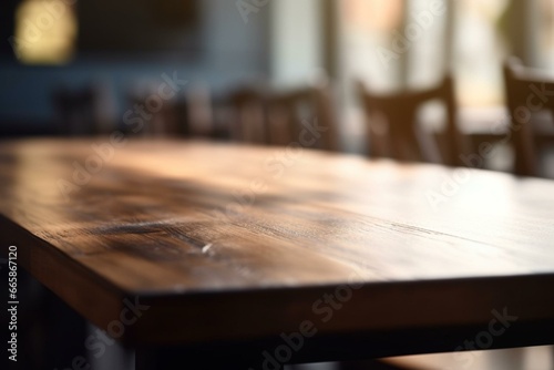 Close-up table surface in café with blurred background. (Selective focus). Generative AI