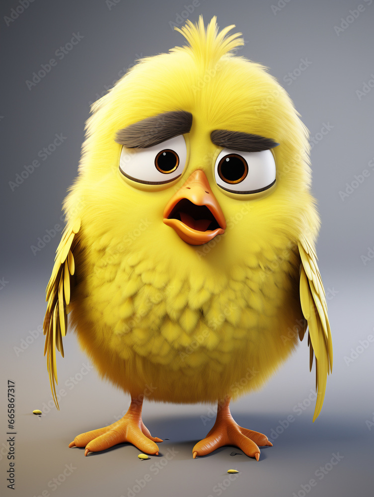 A 3D Cartoon Canary Sad and Surprised on a Solid Background