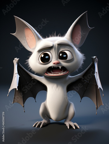 A 3D Cartoon Bat Sad and Surprised on a Solid Background