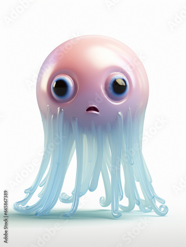 A 3D Cartoon Jellyfish Sad and Surprised on a Solid Background