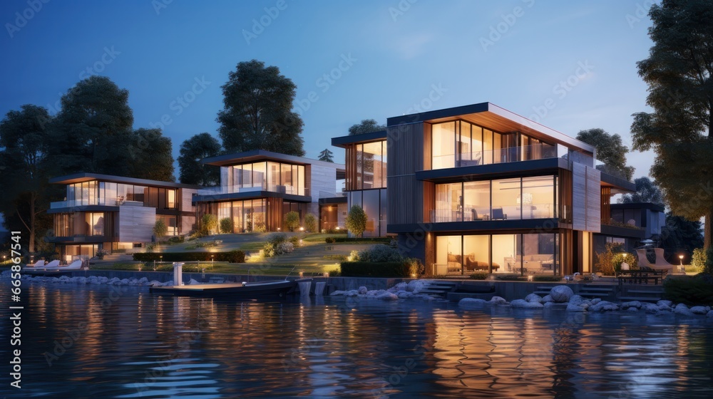 Obraz premium 3d rendering of modern house by the river at evening, house, luxury, villa, modern, architecture, building, exterior, residential, property, designer