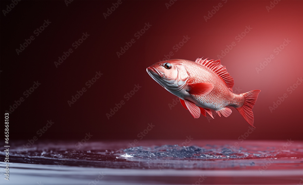 Fototapeta premium fish jumping out of water isolated, red background, fish flying