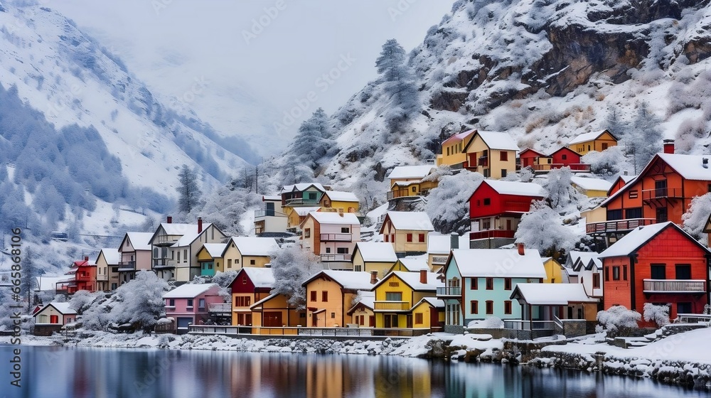 Fototapeta premium A snow-covered village nestled in the mountains 