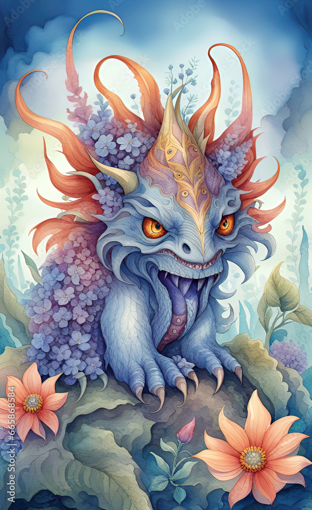 watercolor illustration, Dragon, monster theme, cartoon drawing, very cute, print for background,