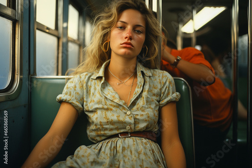 1970's style photo of New Yorkers riding the subway. Innocence of the 70's, fluorescent lighting and gritty themes of NYC. photo