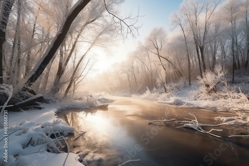Scenic icy woods and flowing river in snowy season. Generative AI