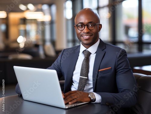 A poised gentleman in a gray suit with a laptop sits comfortably, his spectacles adding a touch of sophistication. The ambient lit background adds to the modern setting.