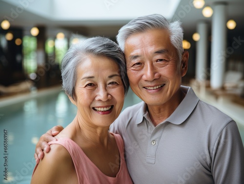 An affectionate senior Asian couple poses together indoors, with a spacious and modern setting behind them.