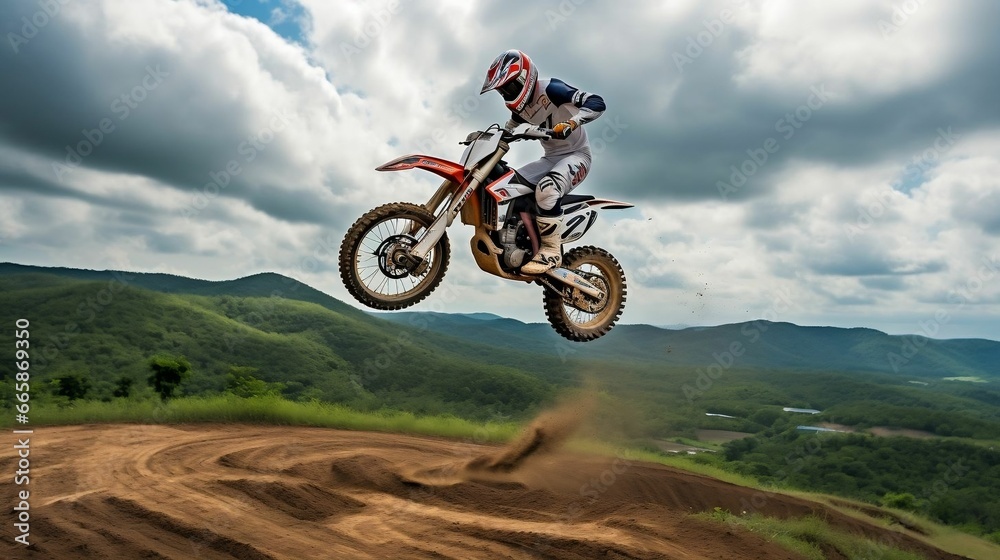 Lively motocross rider soaring over challenging jumps Lively motocross rider soaring over challenging jumps