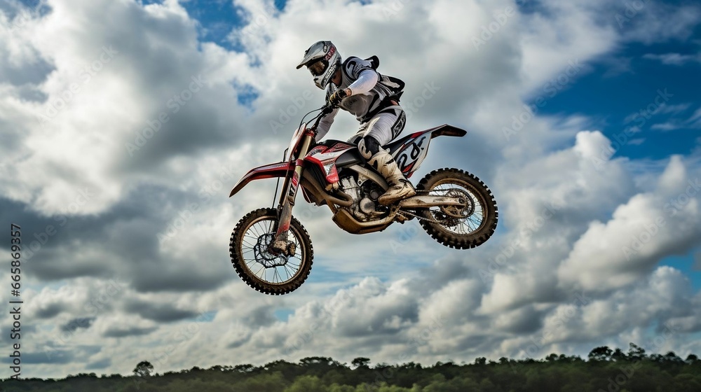 Lively motocross rider soaring over challenging jumps Lively motocross rider soaring over challenging jumps