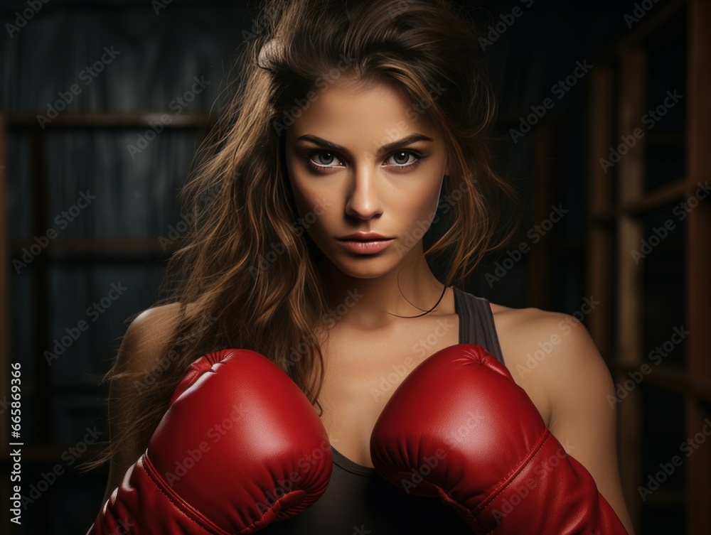A fierce-looking young woman with flowing brown hair, wearing boxing gloves, stands in a dimly lit gym setting, looking intensely into the camera.