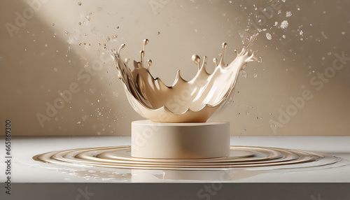 D beige pedestal podium with liquid splash crown. d rendering cometic product mockup.