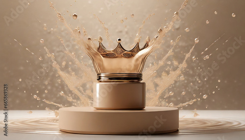 D beige pedestal podium with liquid splash crown. d rendering cometic product mockup. photo