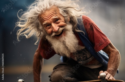 An elderly man with a long beard riding a skateboard. Generative AI.