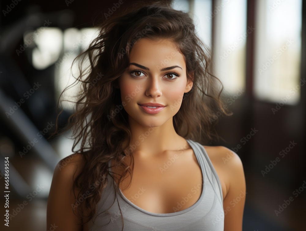 A portrait of a brunette woman in a gym setting, with tousled hair, a subtle smile, and a serene expression, wearing a gray tank top.