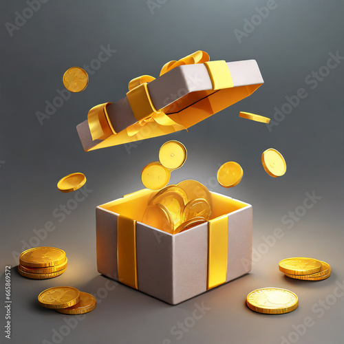 D Open gift box icon with floating golden coins. Golden coin in gift box. Surprise money gift. Loyalty reward concept