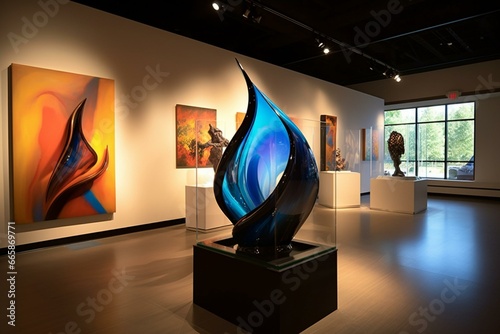 Contemporary art show with futuristic sculptures, abstract organic shapes, and vibrant glass masterpieces exhibited in a fine gallery. Generative AI photo
