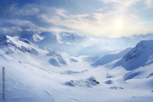 A snowy scene with mountains covered in snow and surrounded by a wintry landscape. Generative AI