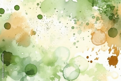 Abstract watercolor pattern with light green and brown tones, perfect as an art background for design. Grungy and dirty, featuring various daubs, stains, spots, blots, and splashes. Generative AI