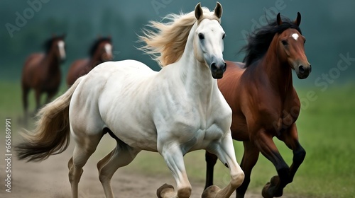 Wild stallions racing across open prairie terrain 