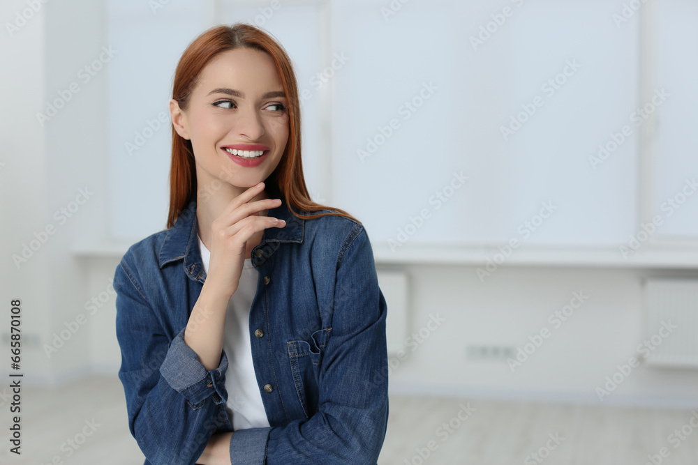 Portrait of beautiful young woman at home, space for text Portrait of beautiful young woman at home, space for text