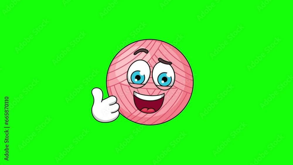 Thumbs-up yarn ball cartoon loop animation on a green screen
