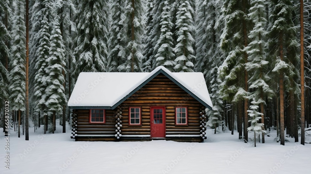 A cozy log cabin nestled in a snowy forest
A cozy log cabin nestled in a snowy forest