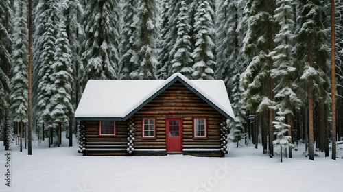 A cozy log cabin nestled in a snowy forest   © Halim Karya Art