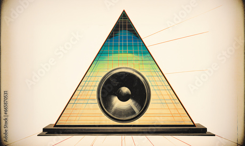 vintage illustration of a triangular speaker enclosure showing a woofer