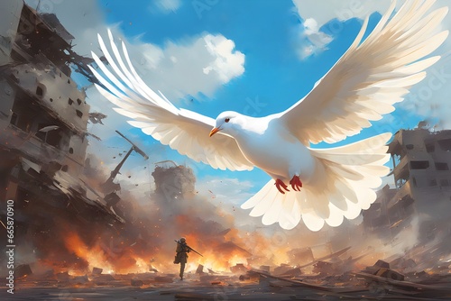 Illustration of white dove of peace flying over war field. Digital art, representation of peace preventing and paralyzing armed conflicts. Peace amid war and destruction in Syria.